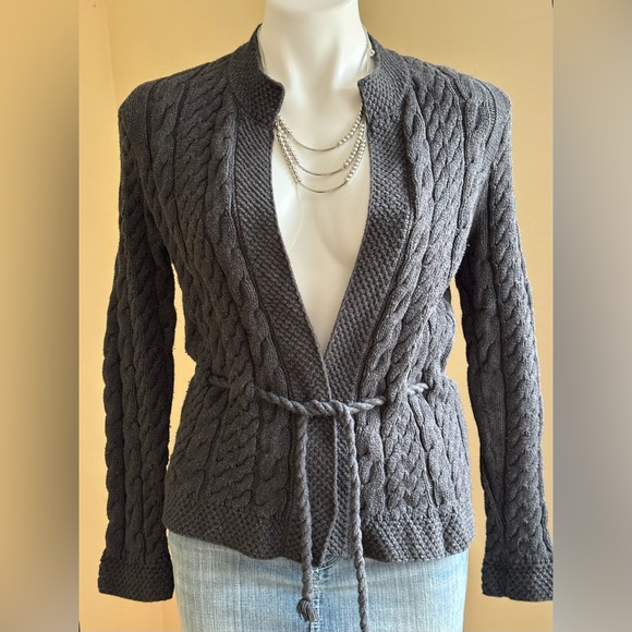 Willi Smith Gray Knit Cable Cardigan No Buttons with Belt 100% Cotton SZ S - Picture 1 of 13